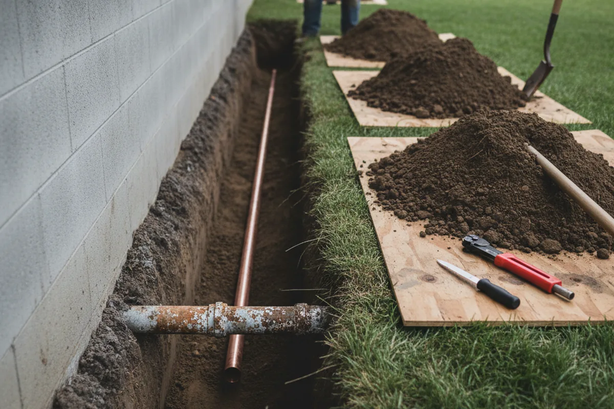 Excavated water line trench during Sewer Line Repair in Norton